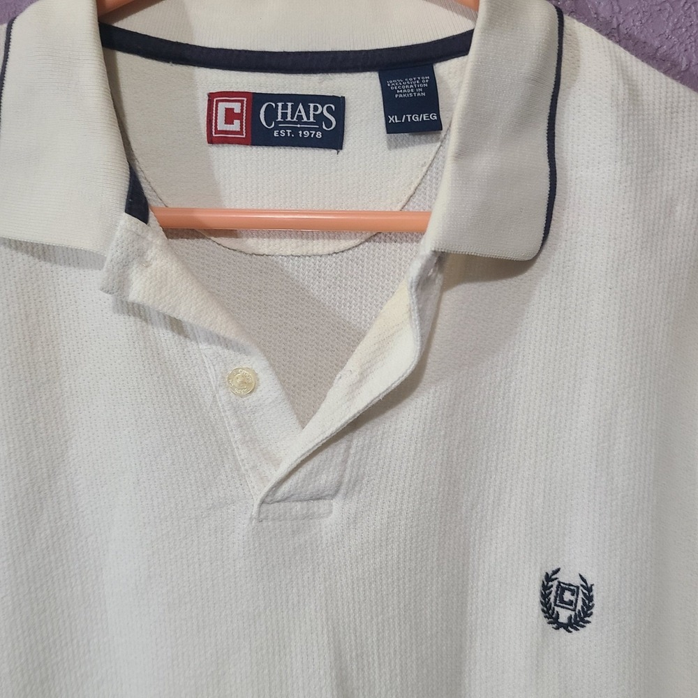 Chaps Golf Polo Shirt Mens XL Cream Navy Trim Short Sleeve Cotton Textured - Picture 2 of 6